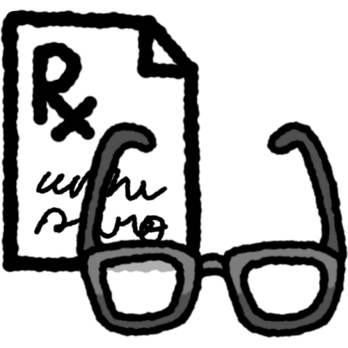 RX (symbolizing Prescription) on a peice of paper with folded edge and scribbled text with a pair of glasses